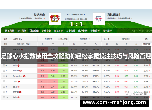 足球心水指数使用全攻略助你轻松掌握投注技巧与风险管理 足球心水指数使用全攻略助你轻松掌握投注技巧与风险管理
